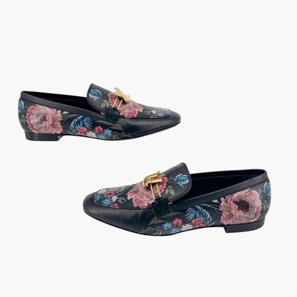 Louis Vuitton Upper Case LV Black Leather Floral Loafers Flat Size 37 US 7 Women - Picture 8 of 15